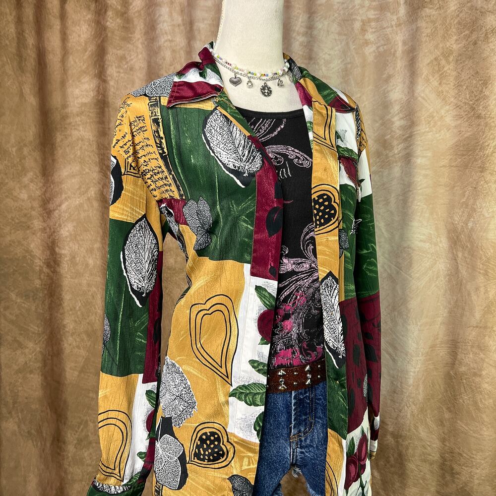 Vintage Patchwork Shirt Fall Foliage Multicolor Button Up 90s Boho Earthy Fairy - Picture 6 of 8